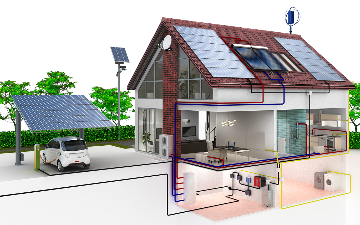 Aansluiting huis met fotovoltaïsche panelen en elektrische auto Energreen